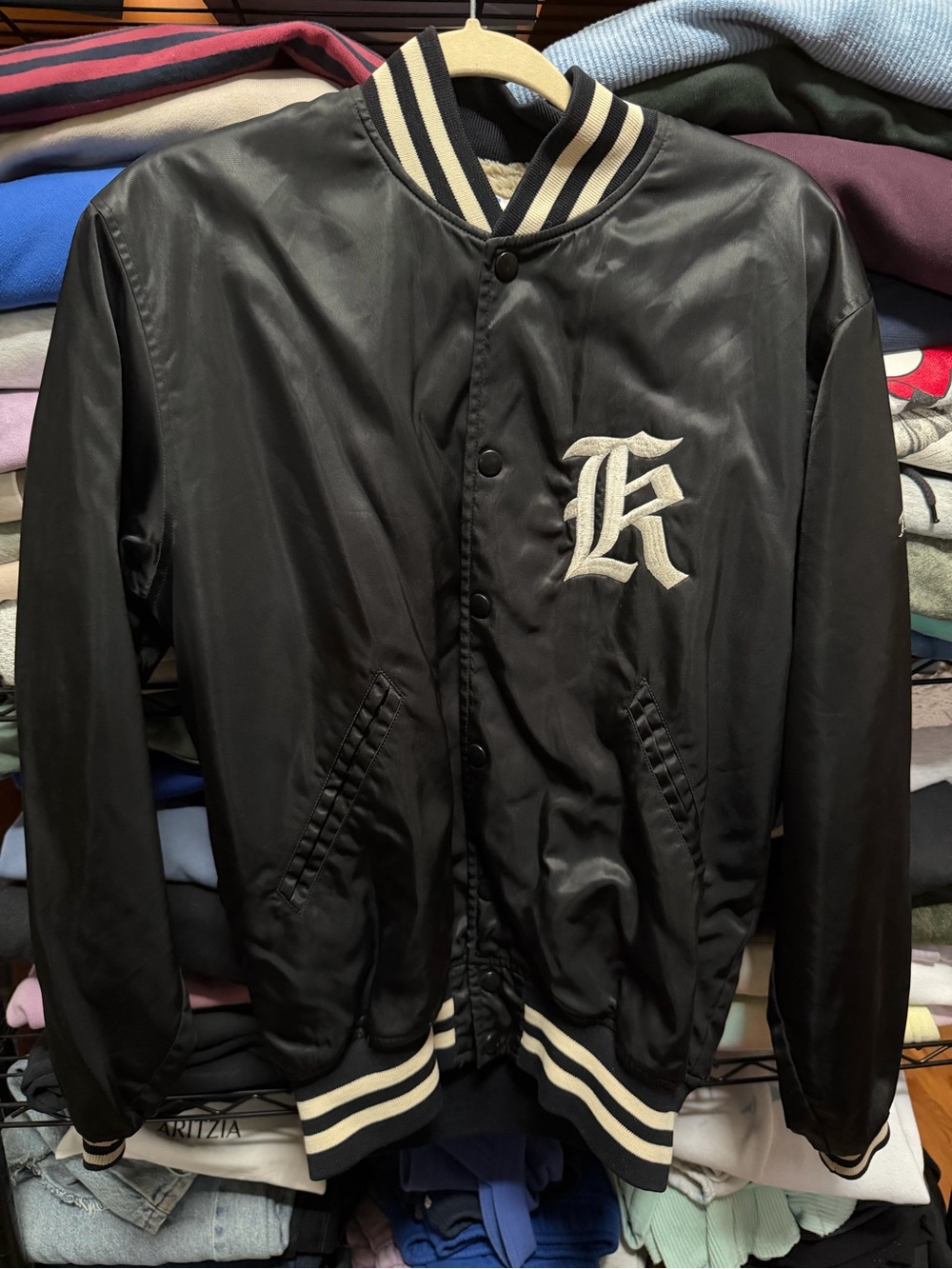 Black Varsity-Style Satin Jacket with Contrasting Trim